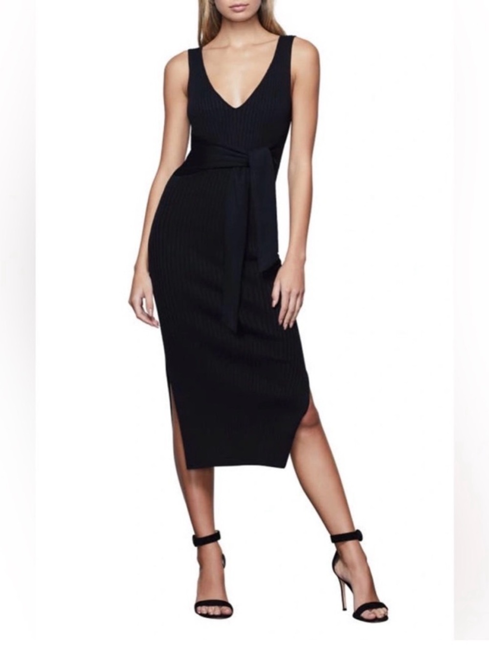 Good American Black Ribbed V-Neck Tie-Waist Midi Dress